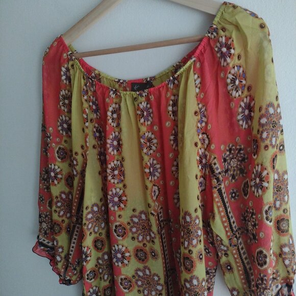 Anthropologie Fei Silk Floral Boho Blouse L Yellow Red Stripe w Floral - Picture 5 of 7